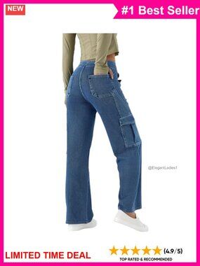 Womens Pull On Cargo Jeans Wide Leg Stretch Denim Pockets
